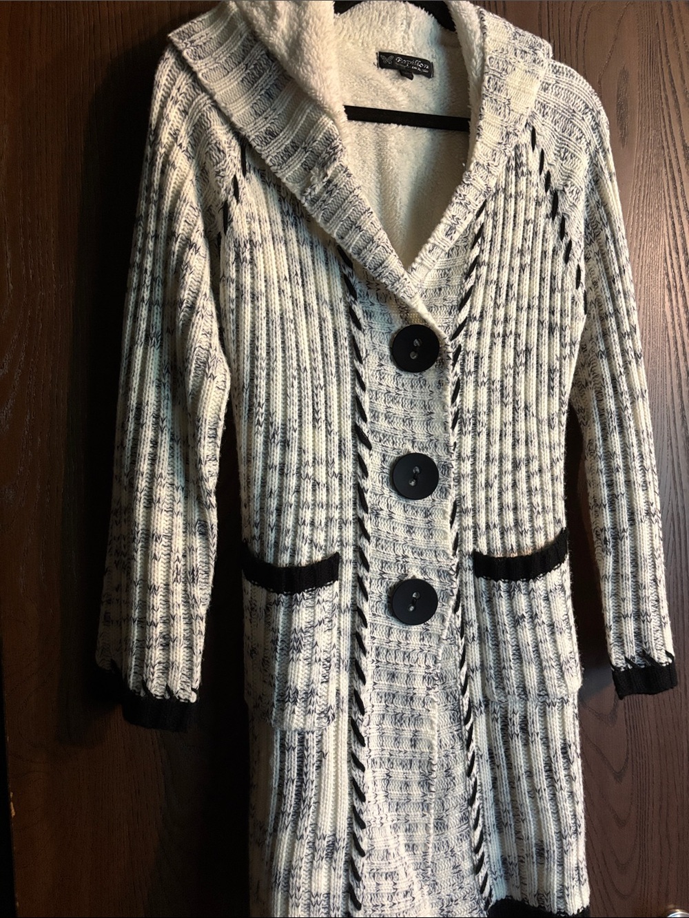 Papillon Blanc Cream and Black Hooded Knit Coatigan
